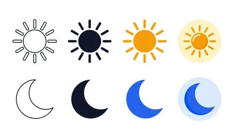 Sun and moon appearance mode toggle icons rendered in outline solid flat an.. Illustrazione stock