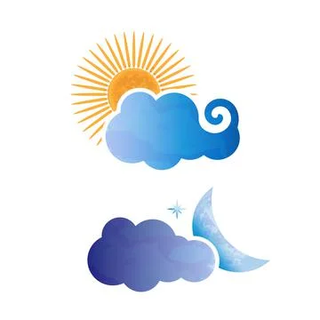 Sun and Moon Behind Clouds, Day and Night Textured Icons Stock Illustration