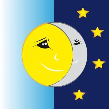 Sun and moon on blue  background Stock Illustration