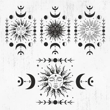 Sun and moon, boho, celestial sun, mystical, magic sun Ilustração Stock