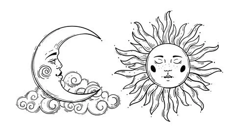 Sun and moon crescent with cloud, vintage boho line drawing for astrology Stock Illustration
