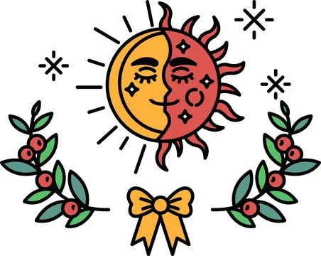 A sun and moon design with a bow and leaves Stock Illustration