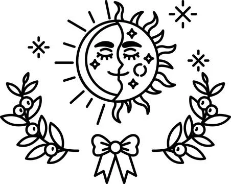 A sun and moon design with a bow and leaves Ilustración de archivo