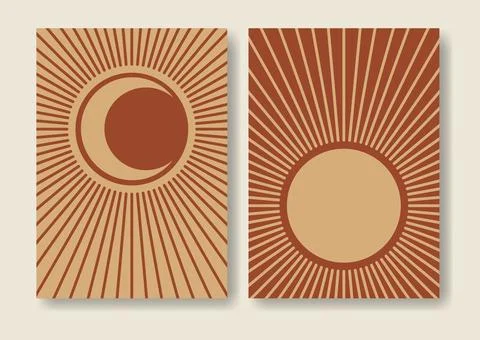 Sun and moon eclipse aesthetic minimalist poster set illustration Stock Illustration