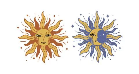 Sun and moon with face and rays, vintage engraving stylization, Slavic design Stock Illustration