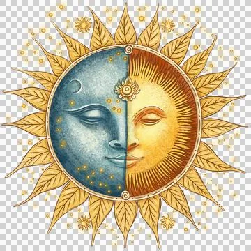 Sun and moon face hand drawn illustration. Zodiac sign. Stock Illustration