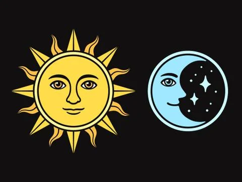 Sun and moon with face Stock Illustration