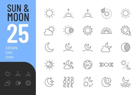 Sun and Moon line editable icons set. Stock Illustration