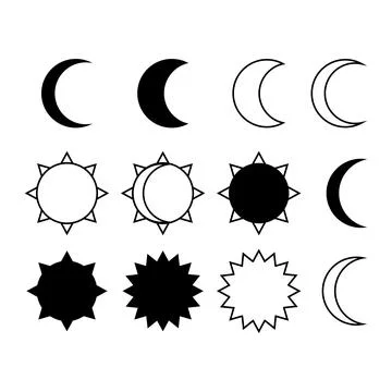 Sun and moon set. Simple graphic style. Universal use. Black objects isolated Stock Illustration