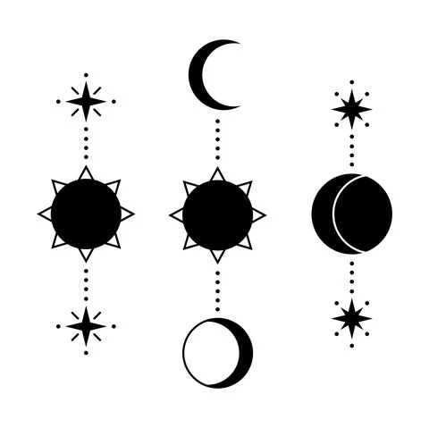 Sun and moon set. Simple graphic style. Universal use. Black objects isolated Stock Illustration