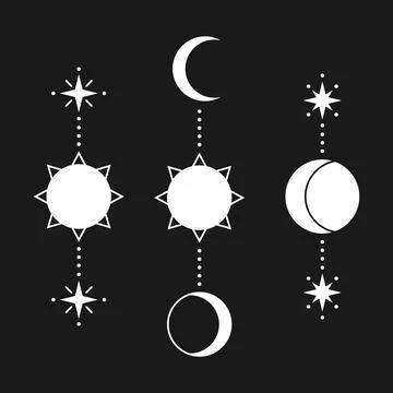 Sun and moon set. Simple graphic style. White objects isolated on black backg Stock Illustration