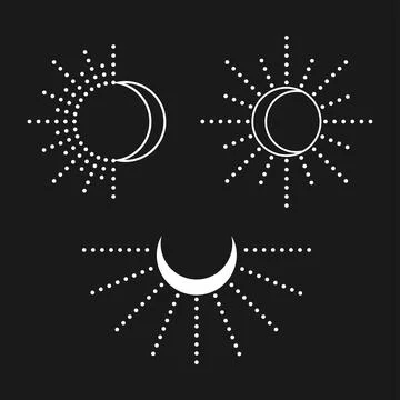 Sun and moon set. Simple graphic style. White objects isolated on black backg Stock Illustration