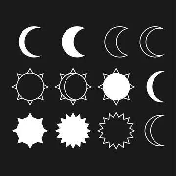 Sun and moon set. Simple graphic style. Universal use. White objects isolated Stock Illustration
