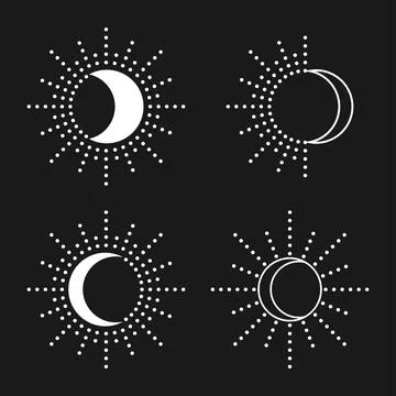 Sun and moon set. Simple graphic style. Universal use. White objects isolated Illustrazione stock