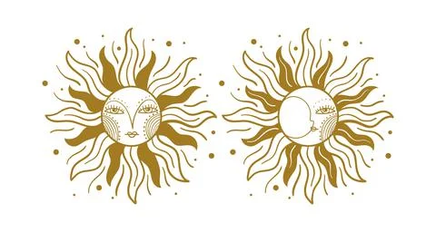 Sun and moon sign set. Golden mystical tarot icon isolated on white. Vector hand Stock Illustration