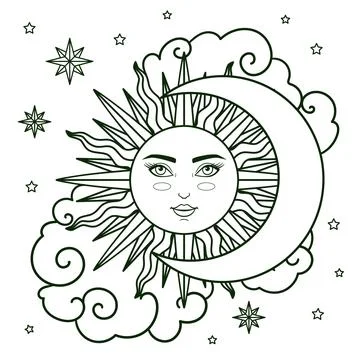 Sun and moon in the sky. Linear black and white hand drawing. Vector Stock Illustration
