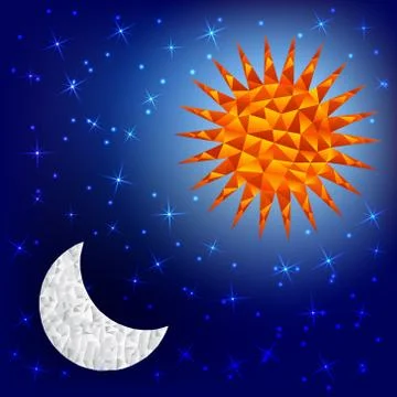 Sun and moon in the sky. Polygonal graphics. Stock Illustration