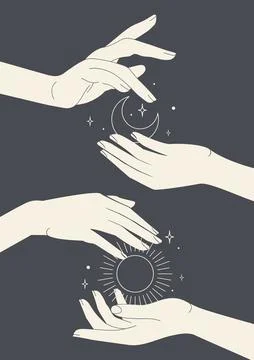 Sun and moon in white hands printed art poster Stock Illustration