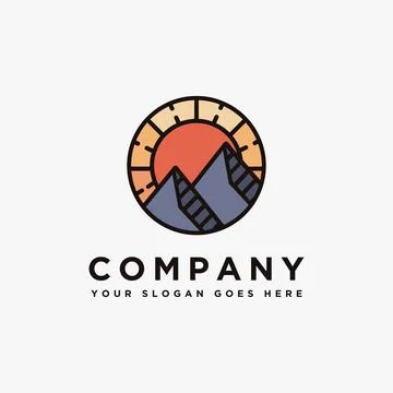 Sun and mountain peak, summit scenery logo icon vector template Stock Illustration