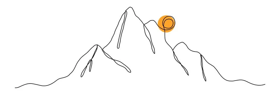 Sun and mountains continuous one line drawing. Single line sketch sunny summer Stock Illustration