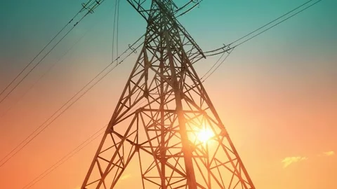 Sun and multicolour clouds sky passing over power line in long exposure Stock Footage 211409763