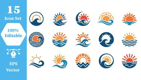 Sun and ocean wave icon set for summer vacation and nature themes with vacati Stock Illustration