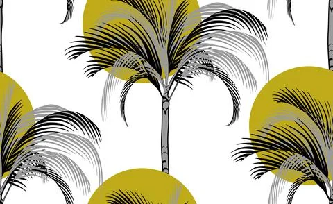 Sun and palm tropical pattern on white background with silhouettes of gray palms Stock Illustration