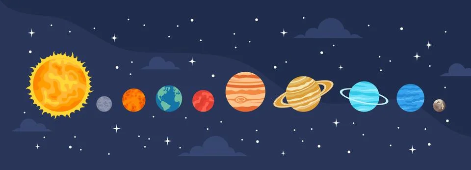 Sun and planets of the Solar System in a row Stock Illustration