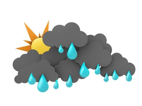Sun and Rainclouds with drops on white background. 3d illustration Stock Illustration