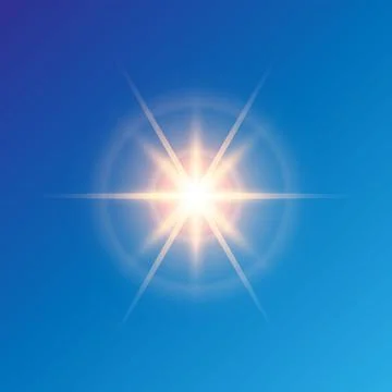 Sun and rays in noon. Bright sunbeams on blue sky Stock Illustration