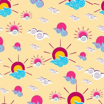 Sun and sea vector repeat pattern on yellow background Stock Illustration