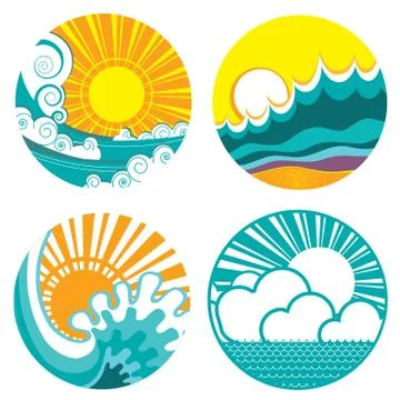 Sun and sea waves. vector icons of  illustration of seascape for design. Stock Illustration