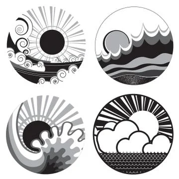 Sun and sea waves. vector black white graphic icons of  illustration of seasc Stock Illustration