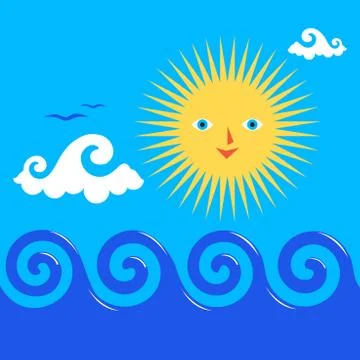 Sun and wavy sea. Vector illustration. Stock Illustration