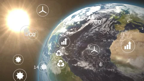 Sun appearing while Earth rotating, icons fading, code shifting and data Stock Footage 317183768