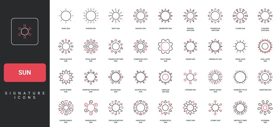 Sun assortment of different rays types and round frame, sunlight decoration line Stock Illustration