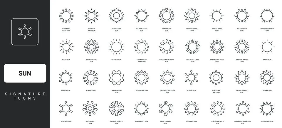Sun assortment of different rays types and round frame, sunlight decoration line Stock Illustration