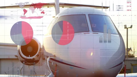 Sun backlighting jet causing sliding charts pivoting pie graphs camera dollying 스톡 동영상 309683597