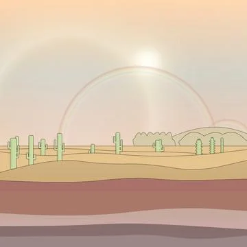 Sun-baked cactus panorama backdrop with atmospheric sky layer, cactus tree silho Stock Illustration