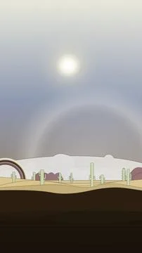 Sun-baked cactus panorama backdrop with atmospheric sky layer, cactus tree silho Stock Illustration