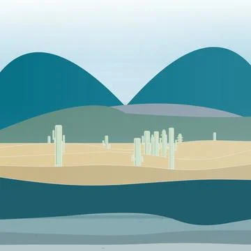 Sun-baked cactus panorama with desert mountain ridge, sand field, and branching Stock Illustration