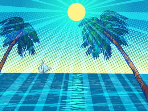 Sun beach resort palm trees sea Stock Illustration