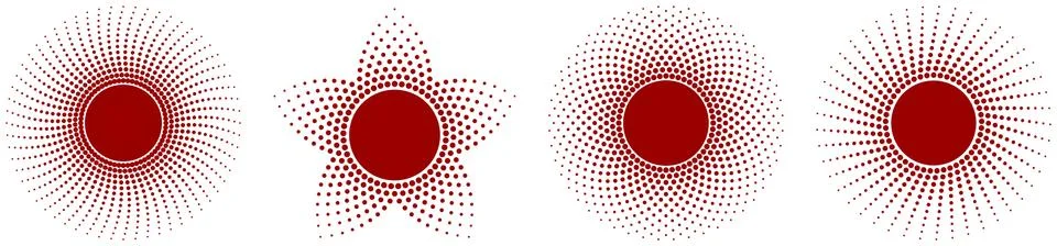 Sun Beam or Solar vector symbol in red. Half tone design. Stock Illustration