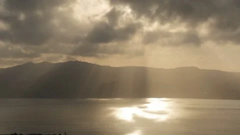 Sun beams and Light Rays, Mountain range with sea of mist and morning light Stock Footage 154115761