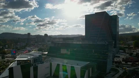 Sun Beams Behind Skyscrapers Magic Hour City Aerial View Landmarks Stock Footage 147154362