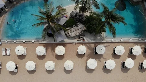 Sun beds on beach. Aerial view of many paired sun loungers with umbrella on Stock Footage 111851511