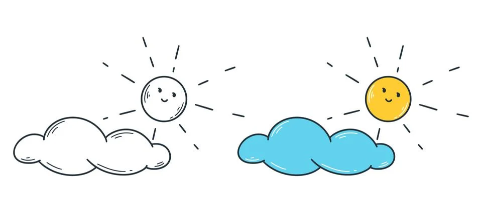 Sun behind the cloud cute baby illustration doodle sketch style Stock Illustration