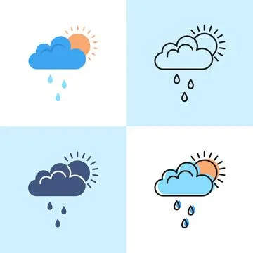 Sun behind cloud with rain icon set in flat and line styles Stock Illustration