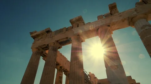 Sun Behind Columns of Parthenon at Acropolis in Athens, Greece Stockbeeldmateriaal 121768094
