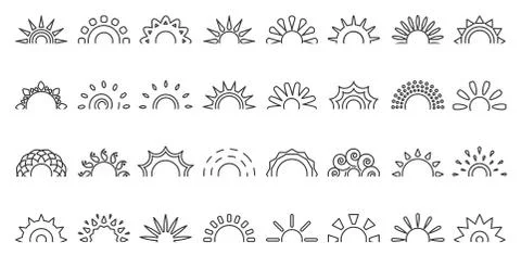 Sun black line icon half sunrise web vector set Stock Illustration